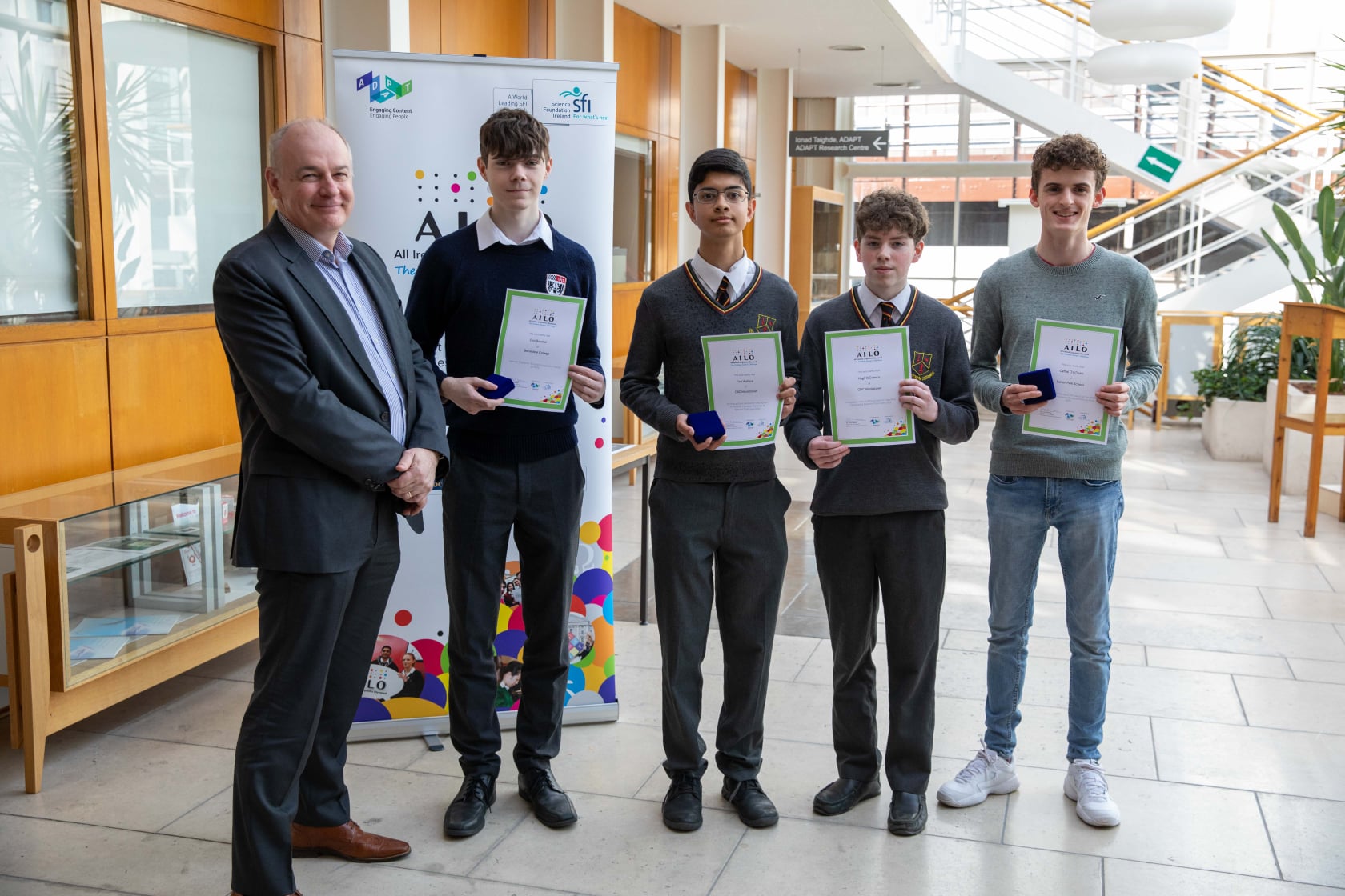 Prof Vincent Wade and the joint team award winners: Eoin Boushel (Belvedere College). Finn Wallace, Hugh O'Connor (CBC Monkstwon) and Cathal Ó hÓbáin (Sutton Park School)